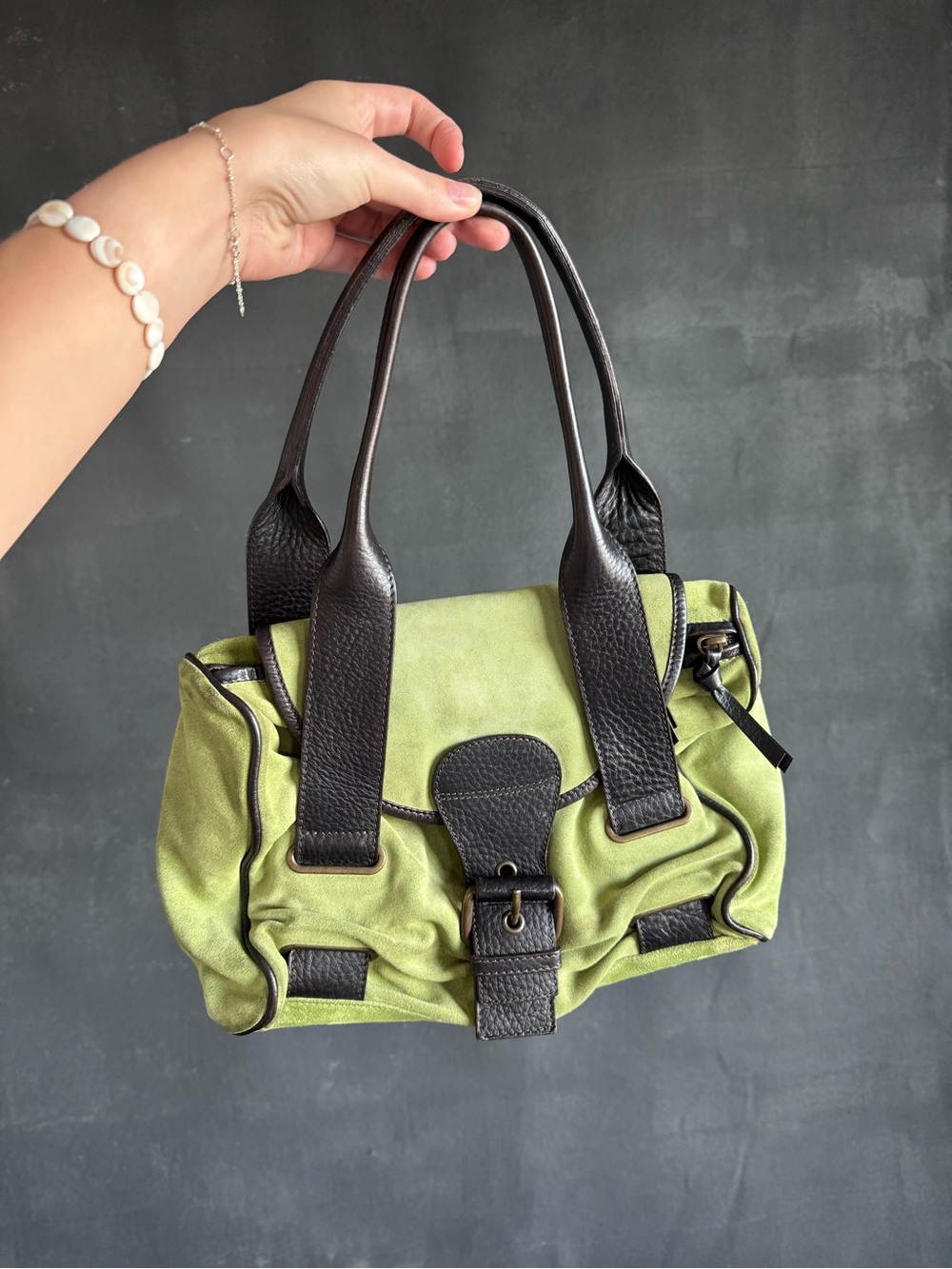MaxMara Olive Green and Black Leather-Trim Shoulder Bag